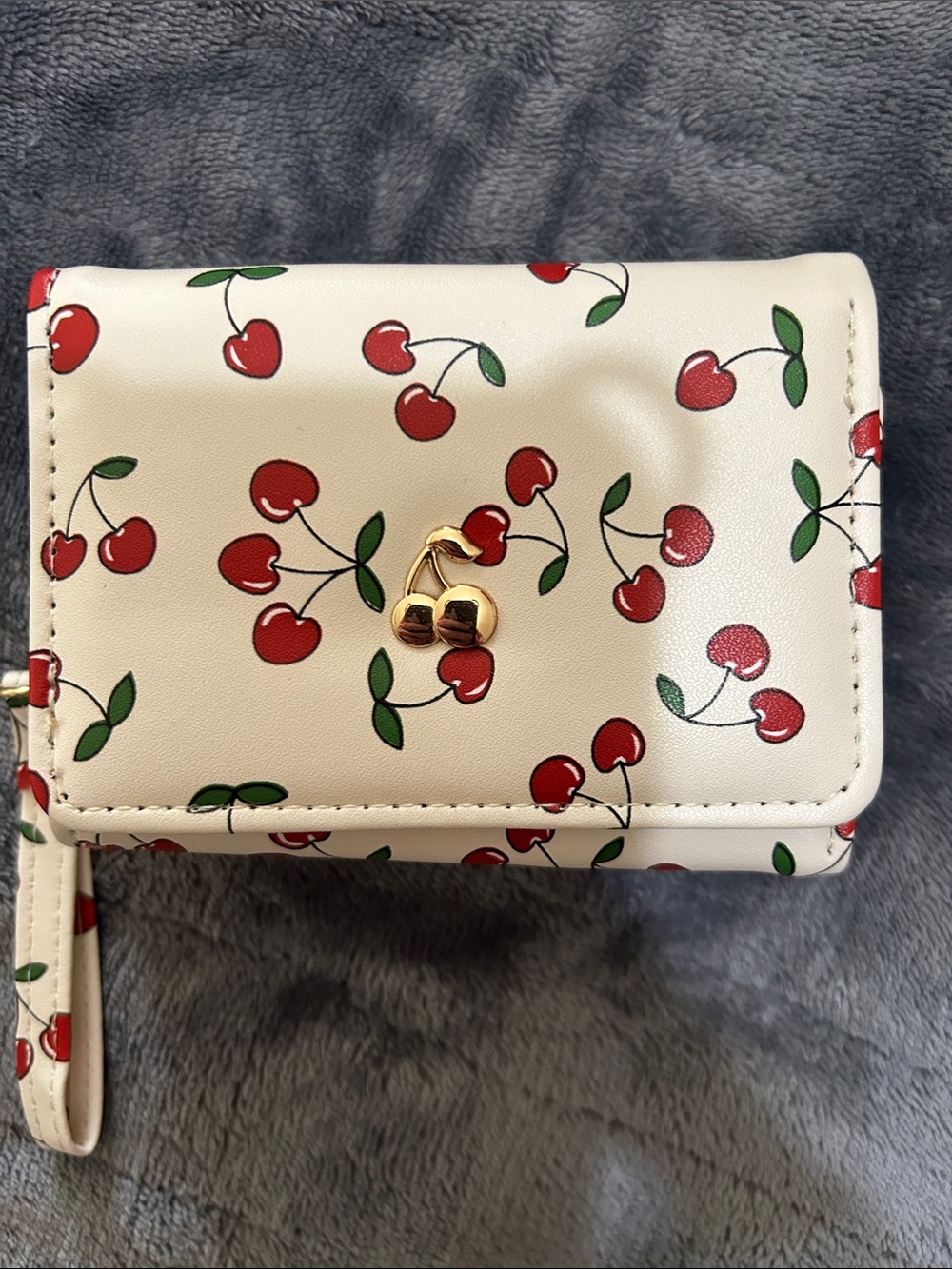 White Cherry-Print Women's Wallet with Gold Accent